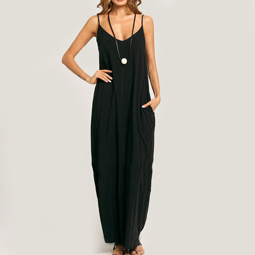 Summer Spaghetti Strap Pocket Plain Maxi Dress