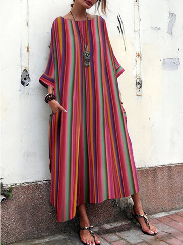 Oversized Striped Round Neck Pocket Maxi Dress