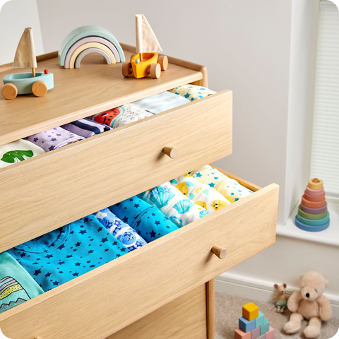 Organised nursery drawers - rent baby clothes