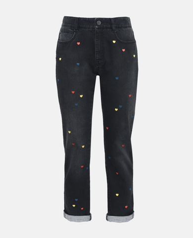 Stella McCartney dark grey almost black heart jeans skinny boyfriend colourful hearts ethical fashion