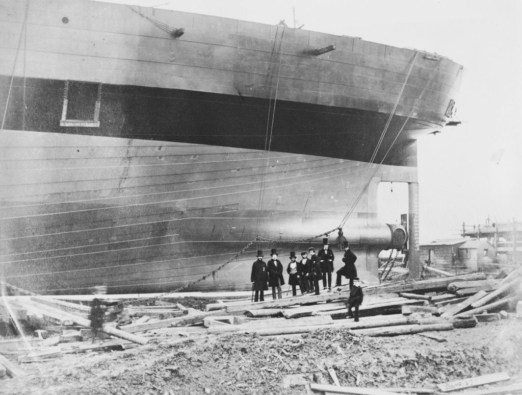 View of Brunel's 'Great Eastern' prior to her 1858 launch posters