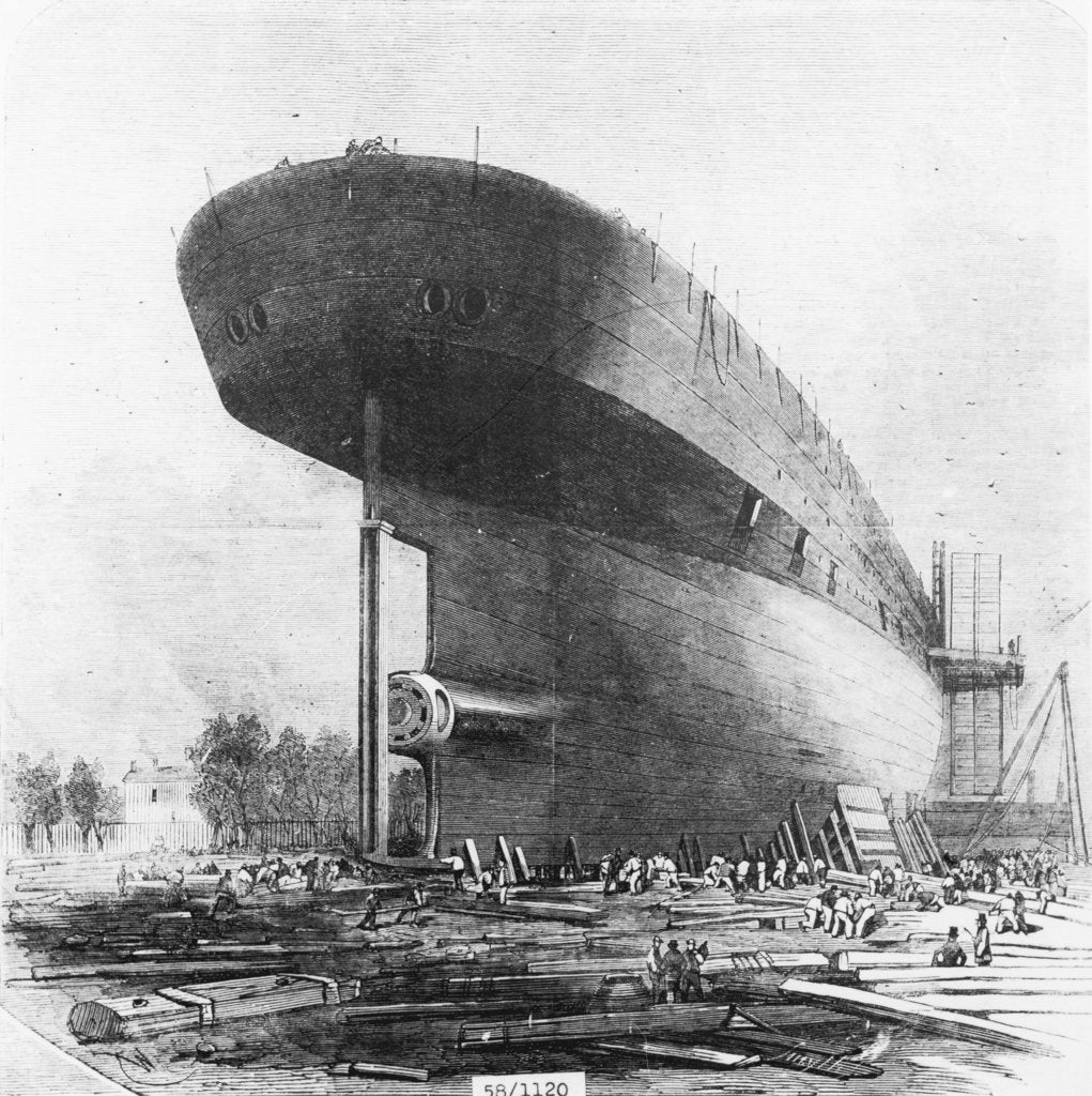 View of Brunel's 'Great Eastern' prior to her 1858 launch posters