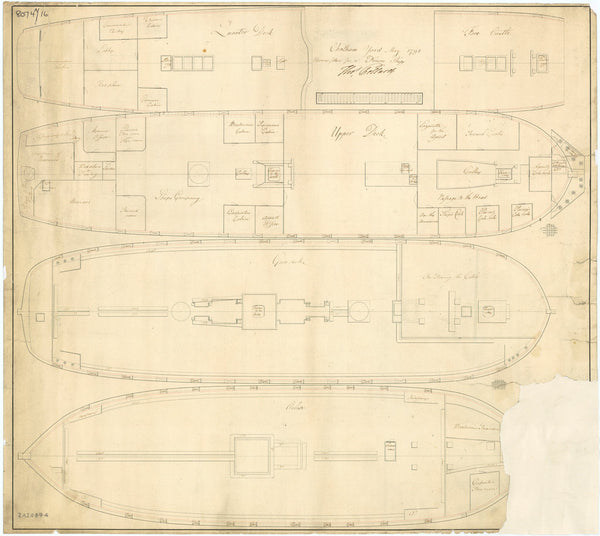 Plan showing the quarterdeck and forcastle deck, upper deck, gun deck