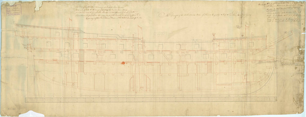 Inboard profile plan of 'Portland' (1770); 'Hannibal' (1779); 'Jupiter' (1778); 'Adamant' (1780); 'Leopard' (1790); 'Leander' (1780); 'Europa' (1783)