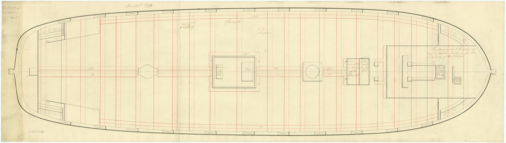 Plan showing the gun deck (lower deck) for Bristol (1775)