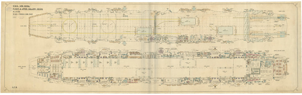Flight and upper gallery deck plan of HMS Ark Royal 1937 