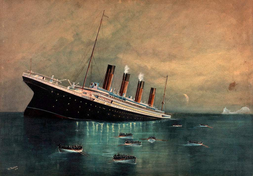 Atlantic liner 'Titanic' (Br, 1912) sinking, bow first, 1912, with ...