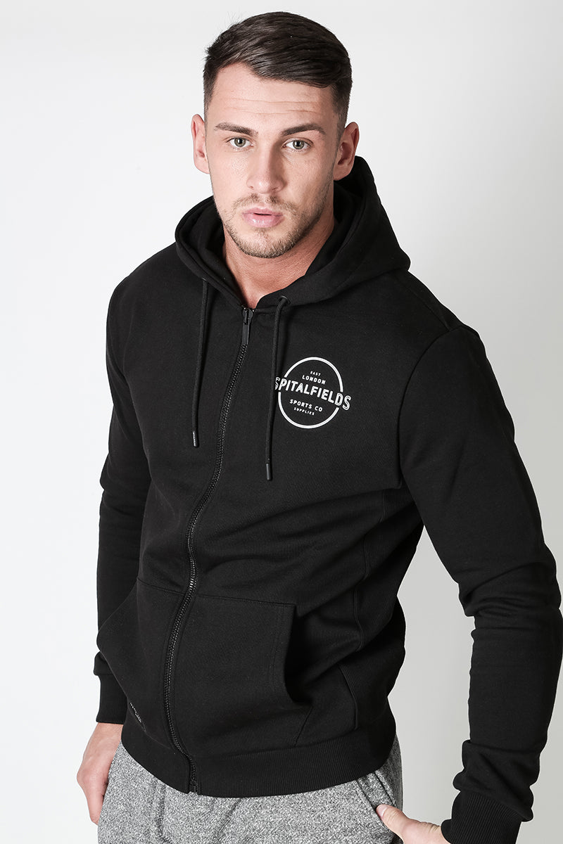 Zip Through Hoodie with Graphic Print in Black – Spitalfields Sports Co