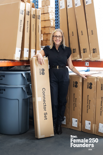 Liz with CITIBIN inventory at her Industry City warehouse space