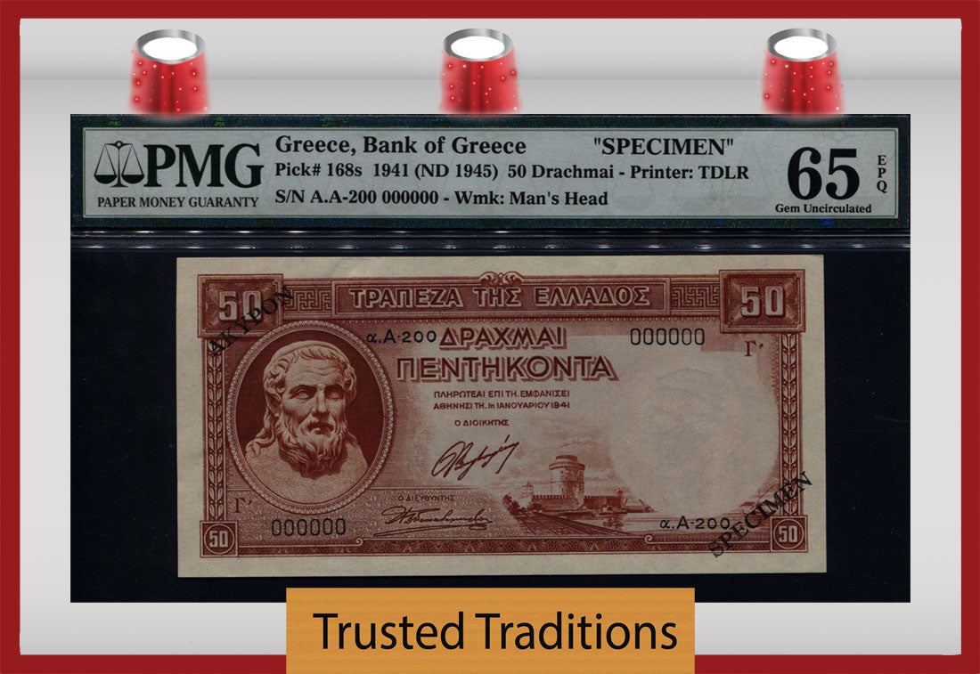 TT PK 0168s 1941 GREECE 50 DRACHMAI HESIOD PMG 65 EPQ GEM UNC RARE N –  Trusted Traditions