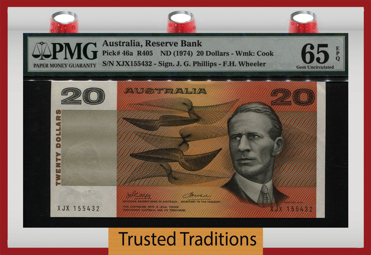Tt Pk 0046a 1974 Australia 20 Dollars Pmg 65 Epq Gem Unc - 