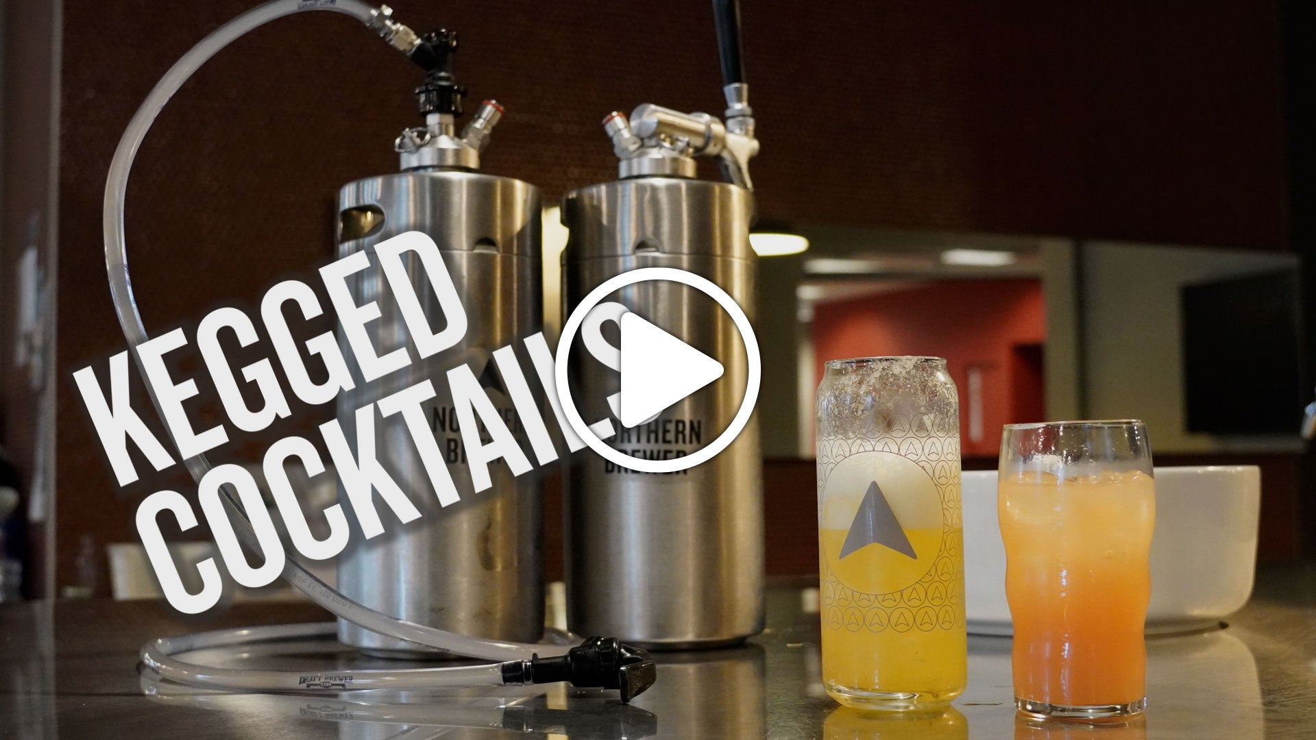 two kegs with two glasses of cocktails, text "Kegged Cocktails"