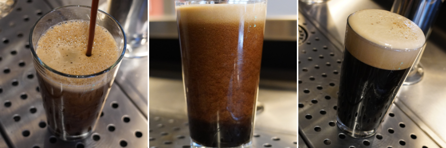 Three side-by-side photos of the same nitro stout beer poured from various angles
