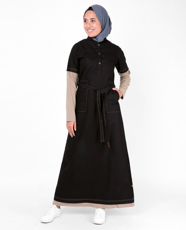 Abaya Jilbab in Black Tie Up Contrast Sleeve - ModestPath.com