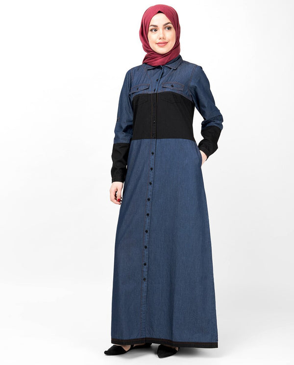 Abaya Jilbab in Blue & Black Full Front Open Denim - ModestPath.com