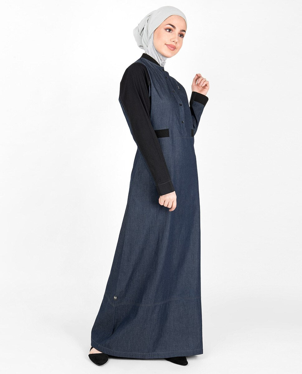 Abaya Jilbab in Blue Denim Contrast Sleeve