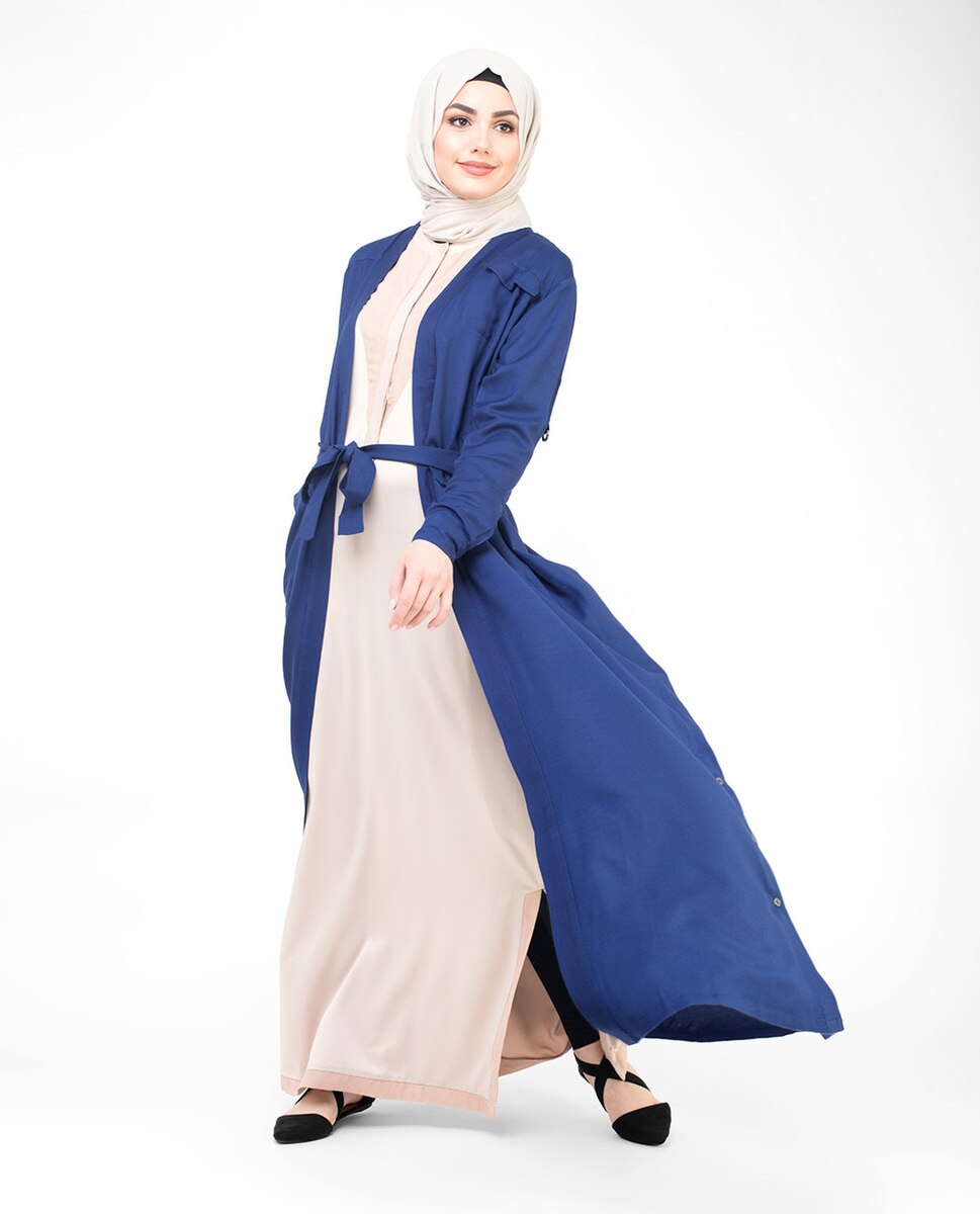 Modest Outerwear in Blue & Grey Mix Fabric Long Shirt Dress 