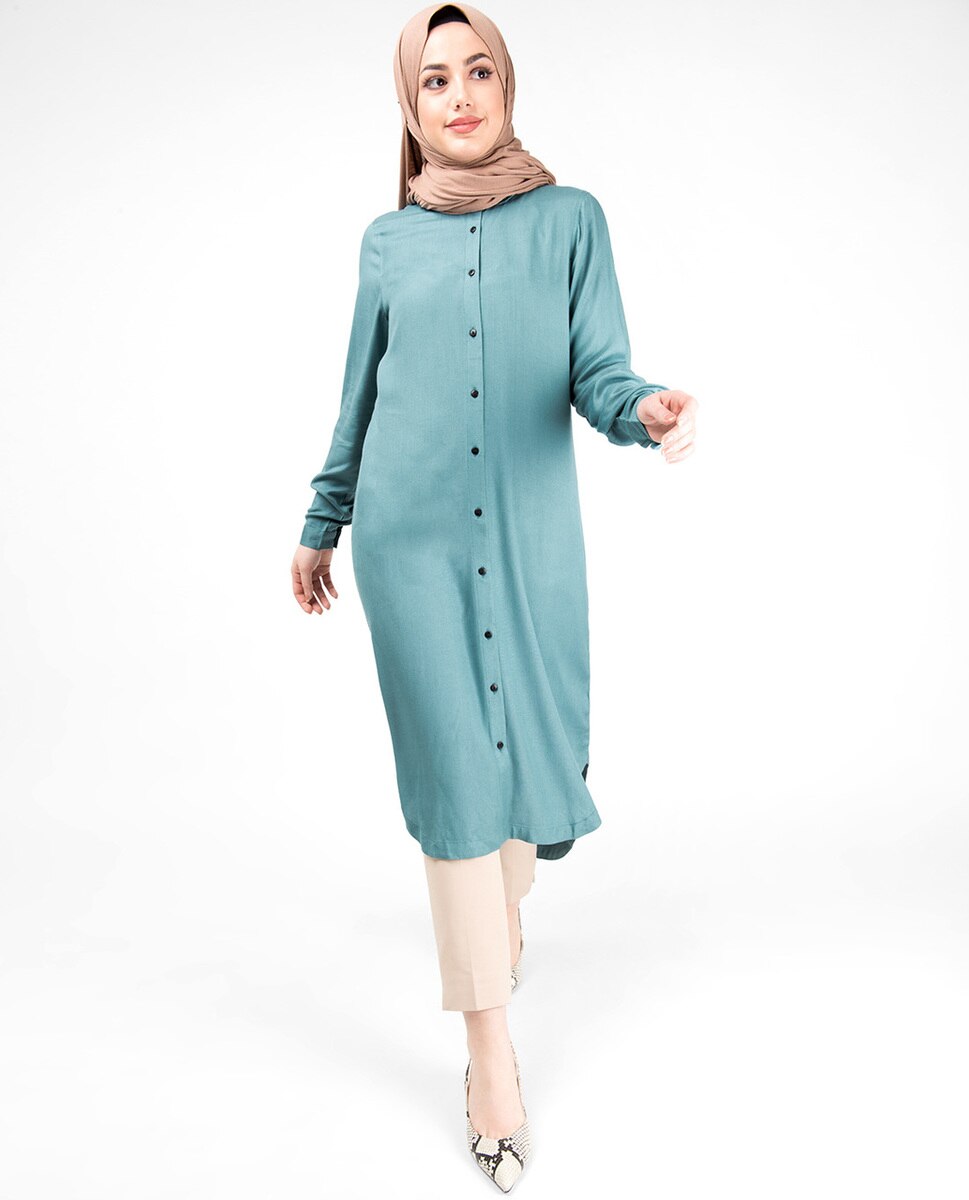 Modest Outerwear in Blue & Grey Mix Fabric Long Shirt Dress 