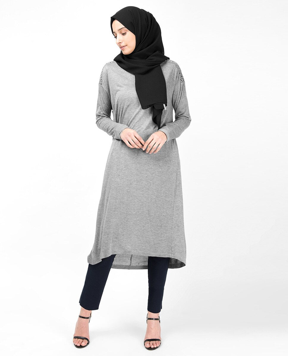 Modest Outerwear in Blue & Grey Mix Fabric Long Shirt Dress 