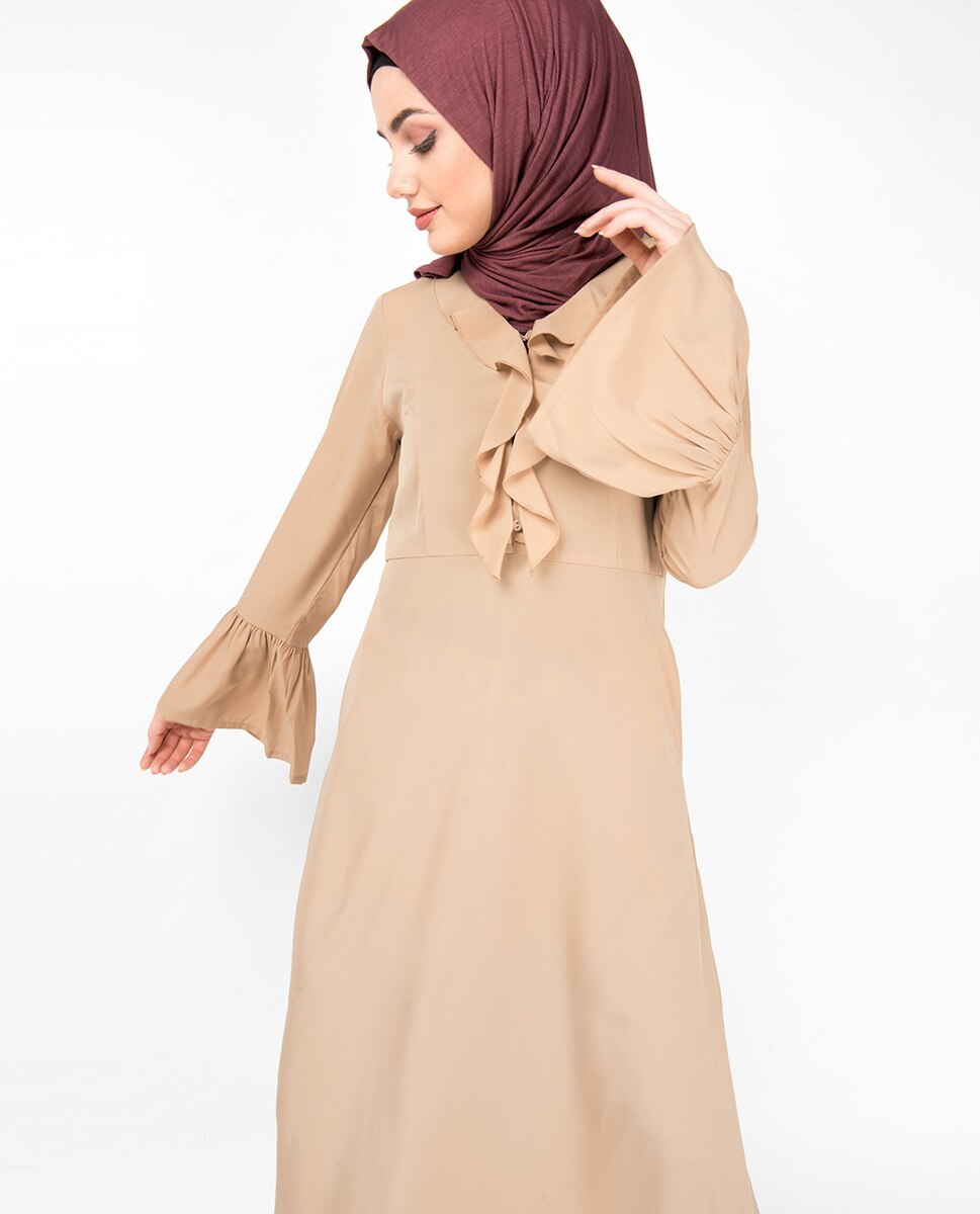 Abaya Jilbab in Lightweight Ruffle Neck Sand - ModestPath.com