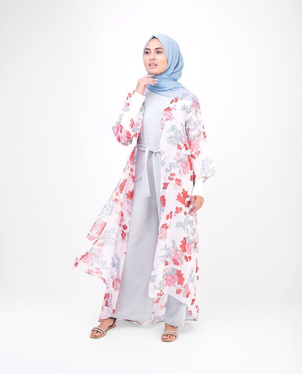 Japanese Floral Print Kimono in Long White Floral Color - ModestPath.com