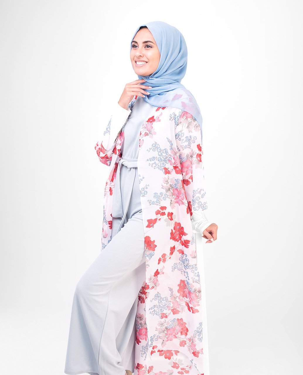 Japanese Floral Print Kimono in Long White Floral Color - ModestPath.com