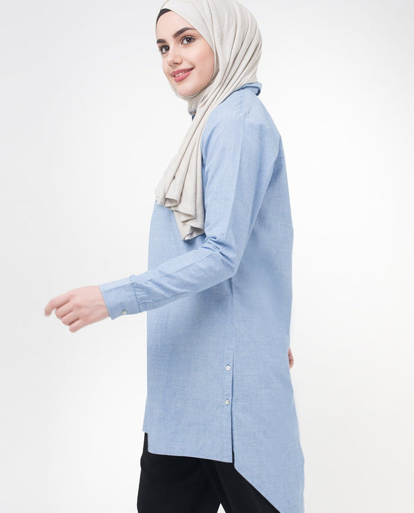 Cotton Chambray Smart Casual Shirt Dress in Blue Color - ModestPath.com