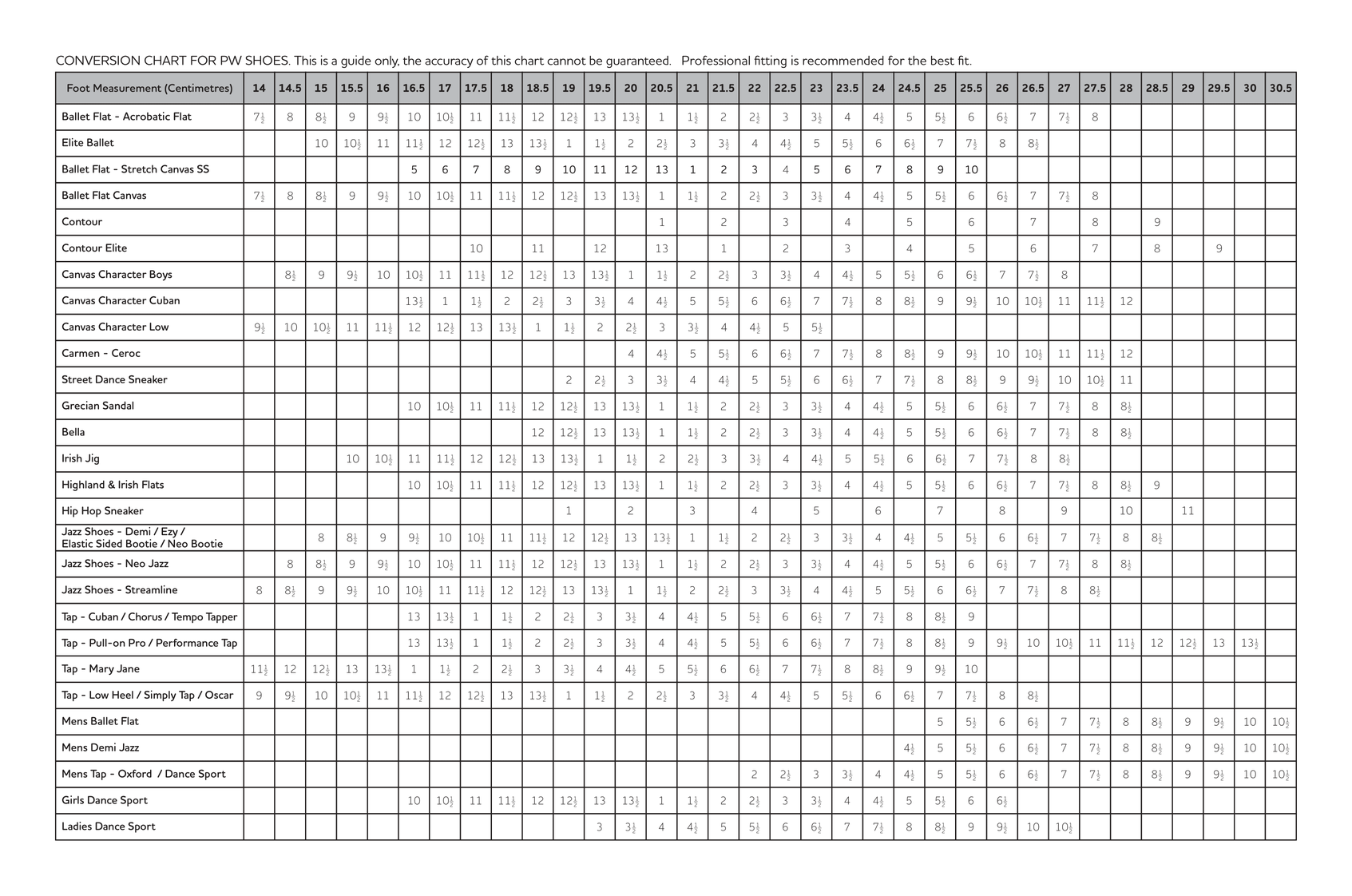 shoe size guide