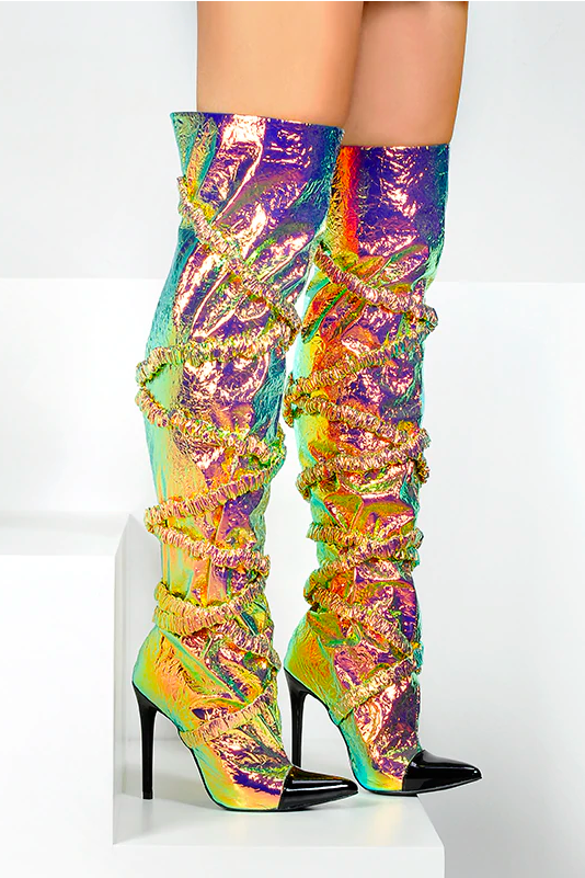 multi colored thigh high boots