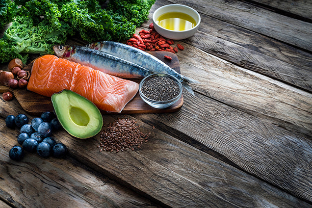 omega 3 food sources - salmon, fish, walnuts, kale