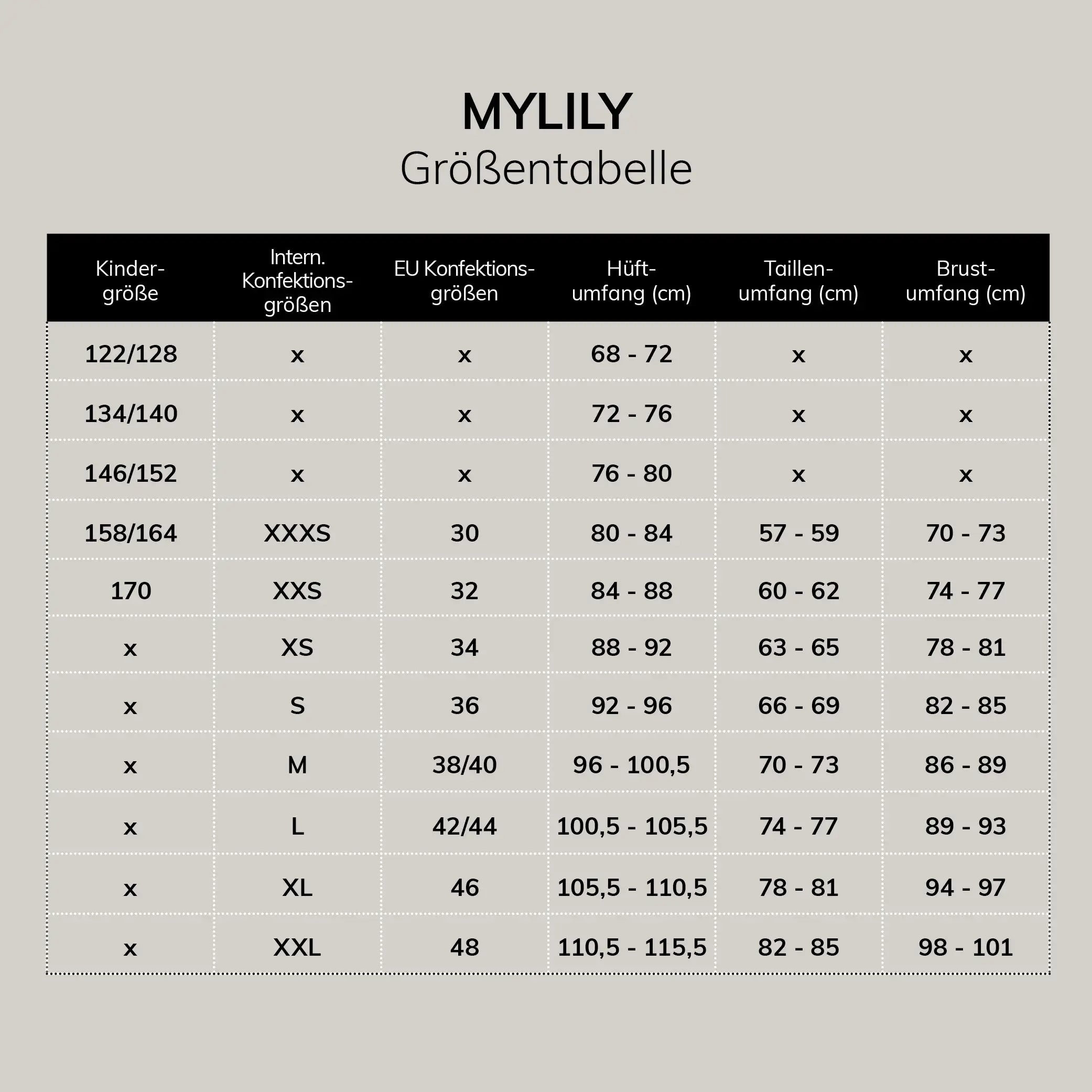 Größentabelle von MYLILY: Zeigt Kinder-, internationale und EU-Konfektionsgrößen sowie Hüft-, Taillen- und Brustumfang in cm.
