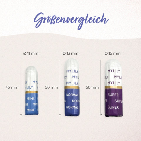 Die Bio-Tampons von MYLILY in drei verschiedenen Größen für eine optimale Auswahl