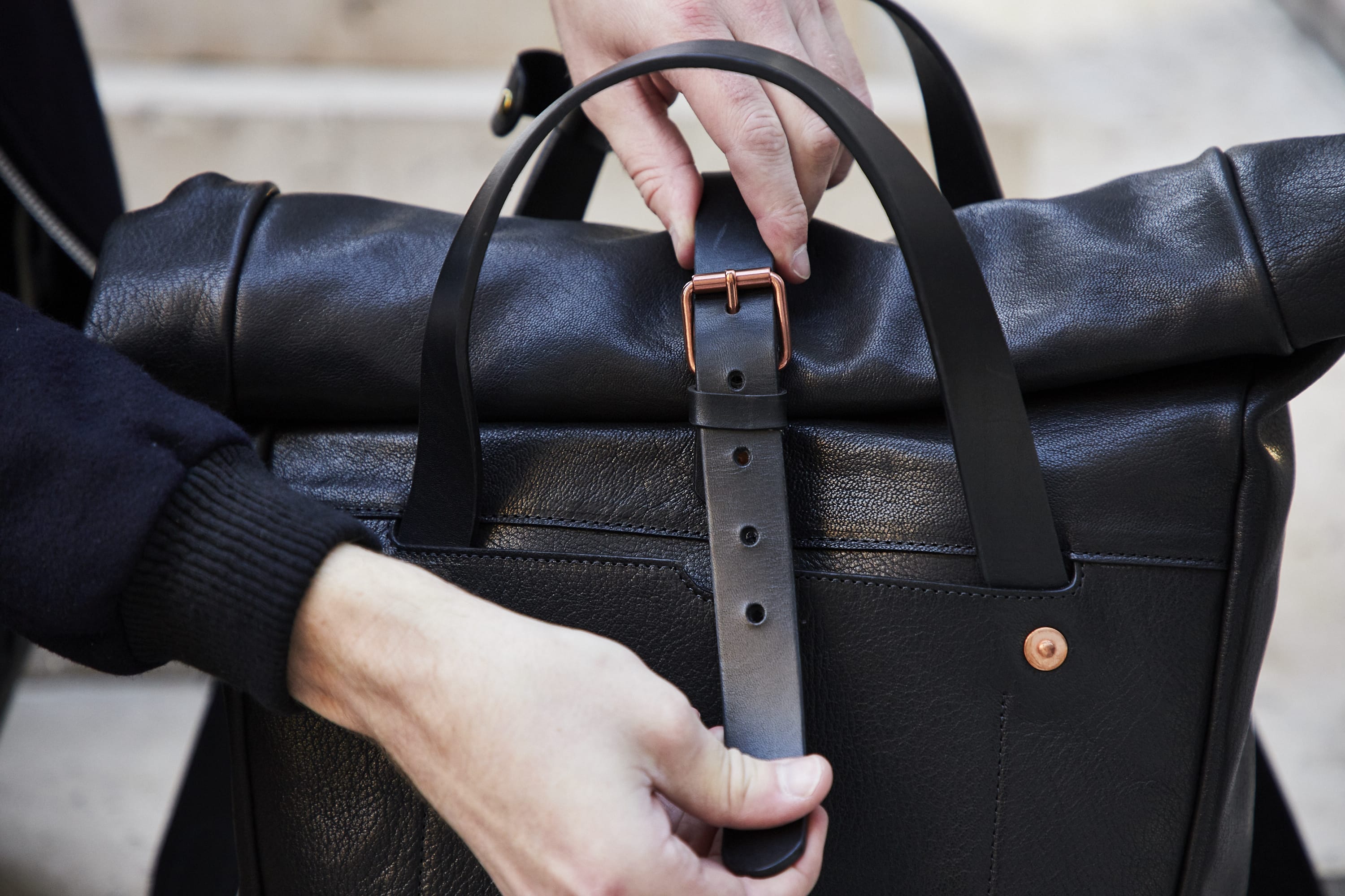 Billy Tannery Black Leather Rolltop Backpack