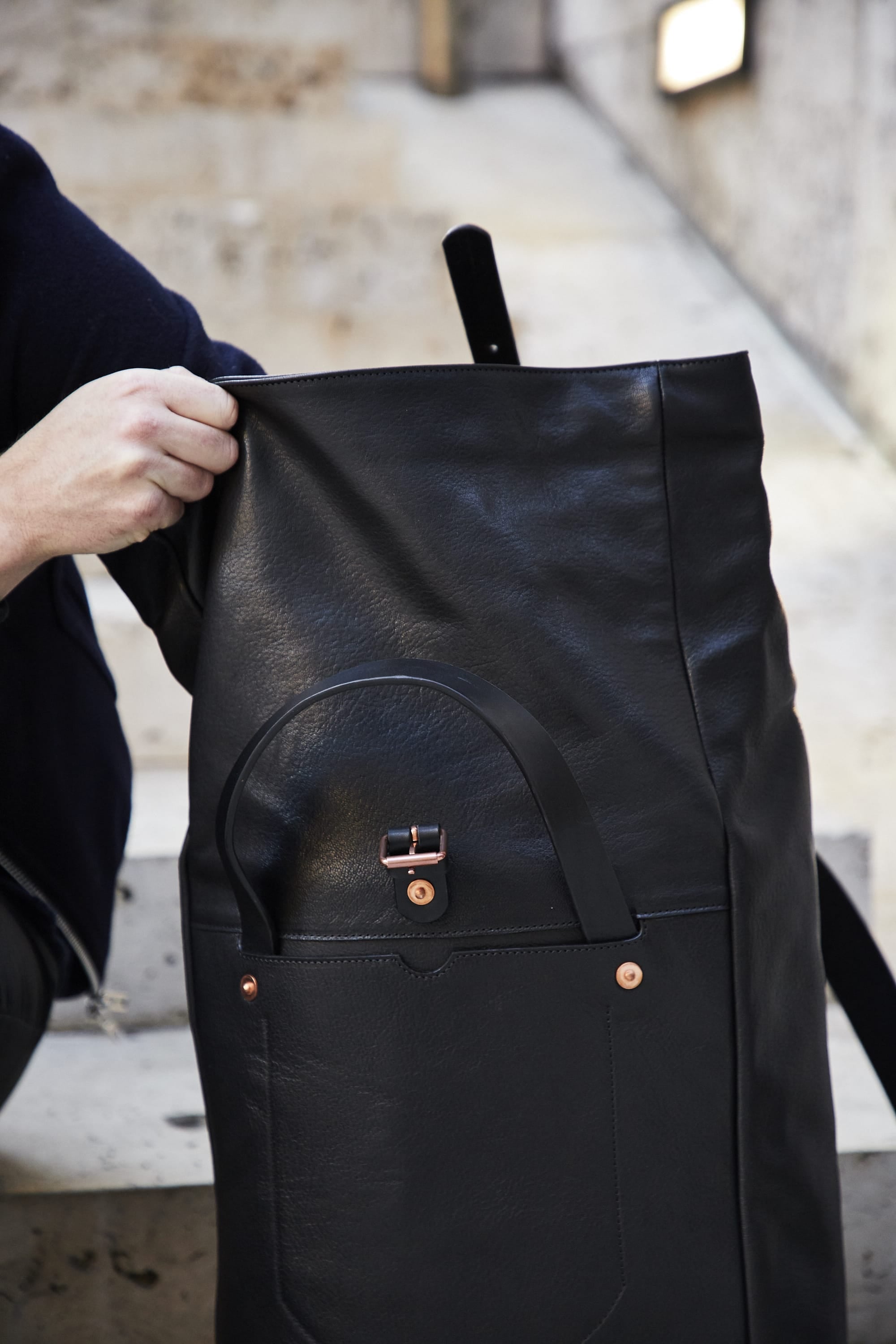 Billy Tannery Black Leather Rolltop Backpack