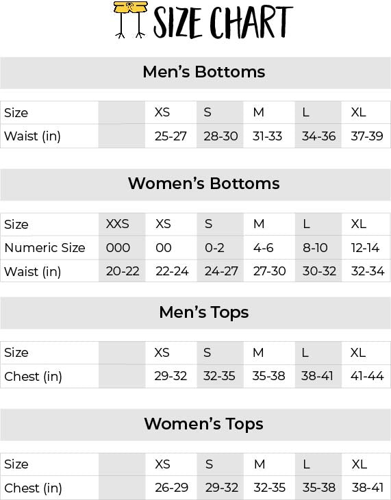 ChicknLegs size chart for men's and women's bottoms and tops.