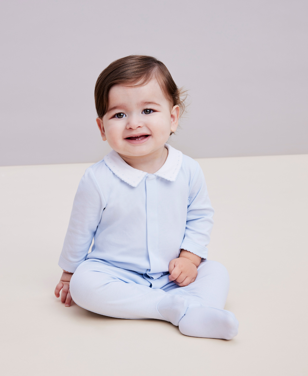Hand Smocked Charmed Blue Footie with Collar – Blume Organics