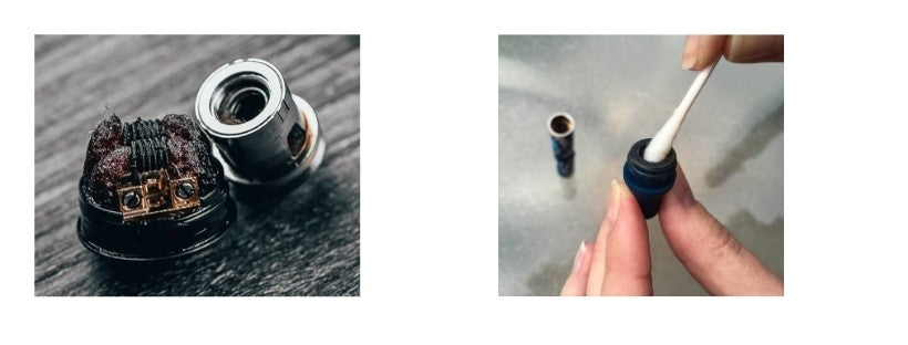 Image Showing Dirty Vape Chamber and Fingers Cleaning Vape Chamber with Q-Tip