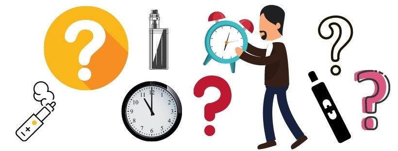Graphics of Question Marks, Man Holding Clock, Vapes