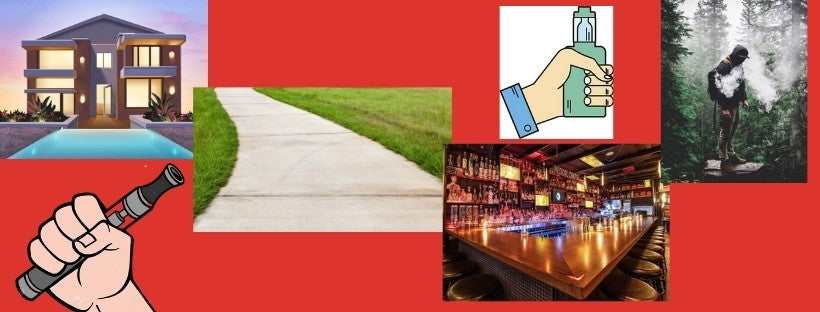 Graphics of:  Home, Sidewalk, Bar, Outdoors, with a Hand Holding a Vape and another Hand Giving a Vape