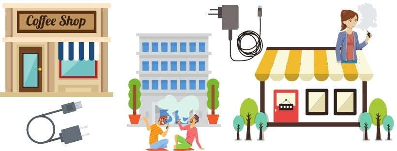 Graphics of Different Buildings and Chargers and People Vaping