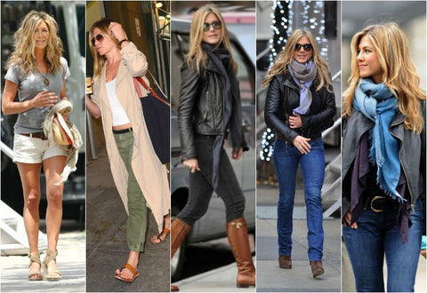 5 different pictures of Jennifer Aniston's Style. Wearing shorts, jeans, knee high boots and a leather jacket