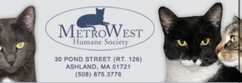 Logo with 2 cats on one side and 1 cat on the other side and the name and address of metrowest humane society