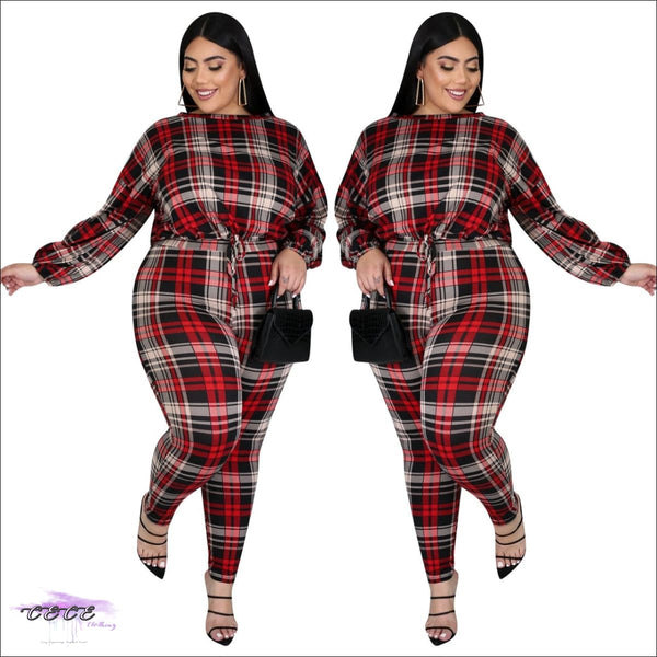 CECE Clothing - ’Sexy In Plaid’ Long Sleeve Two Piece Plaid Jumpsuit