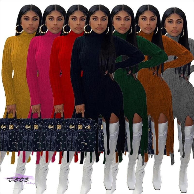 ’Staying Warm & Flawless’ Ribbed Turtleneck Sweater Tassel Mini Dress