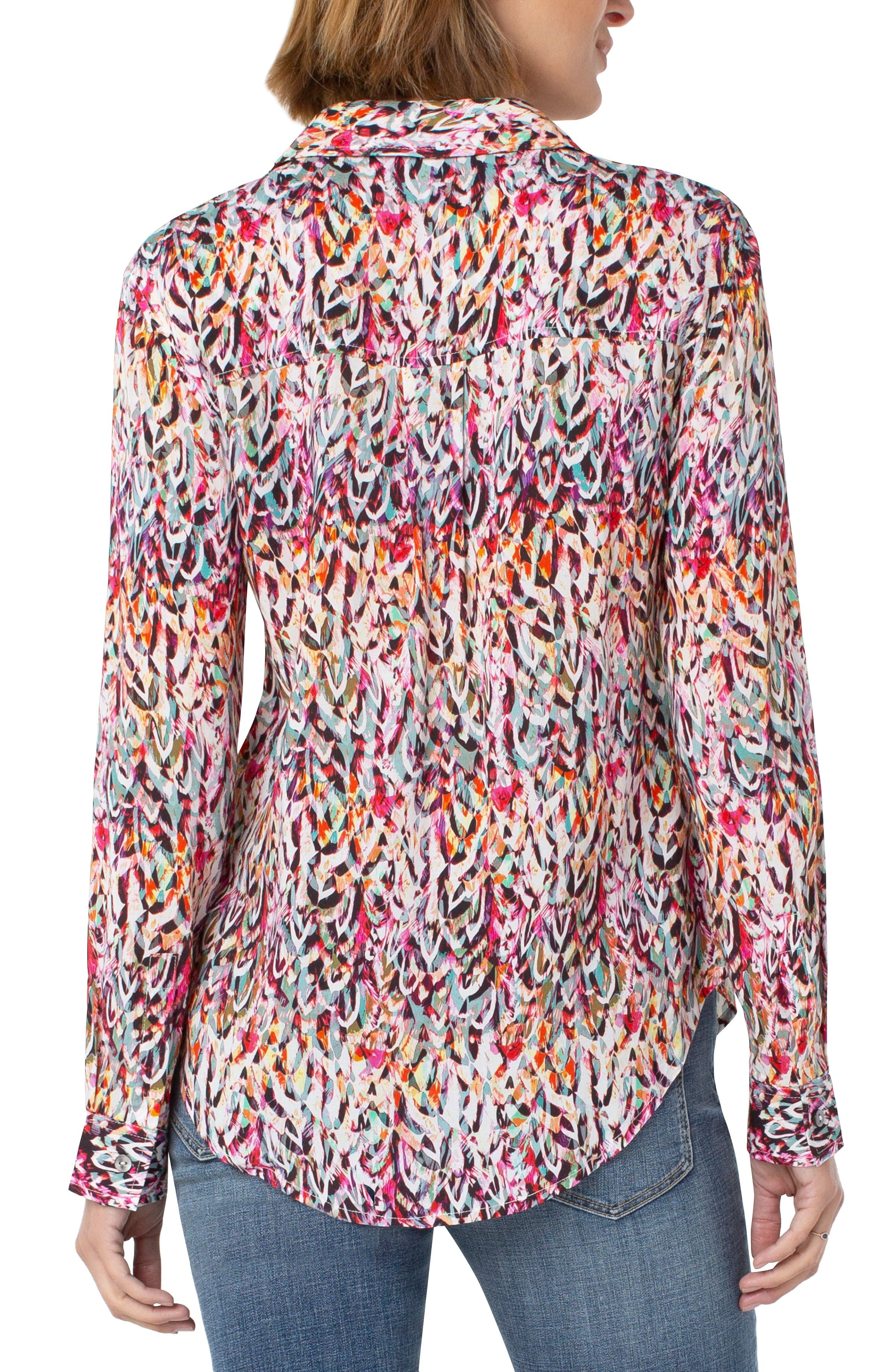 Liverpool Button Up Woven Blouse - Abstract Feather Print