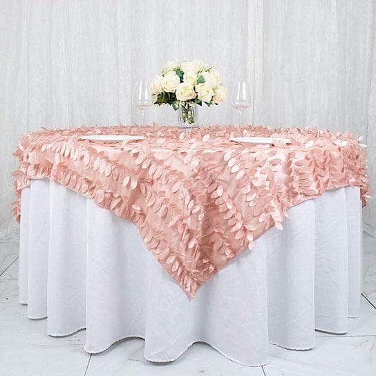72x72 in Taffeta Square Table Overlay with 3D Leaves Petals Design in Dusty Rose