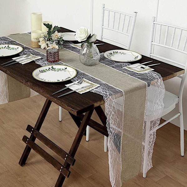 Your Chair Covers - 14 x 108 inch Jute Burlap Table Runner with White Lace Edges