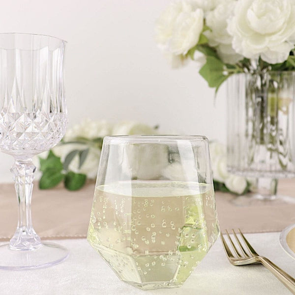 12 Clear with Gold Rim 14 oz Disposable Plastic Stemless Wine Glasses