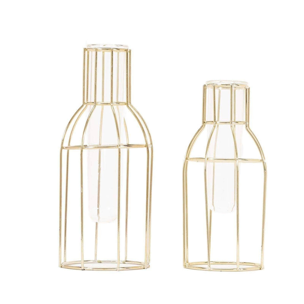2 Gold Metal Geometric Bottles with Glass Tubes Flower Vase Holders ...