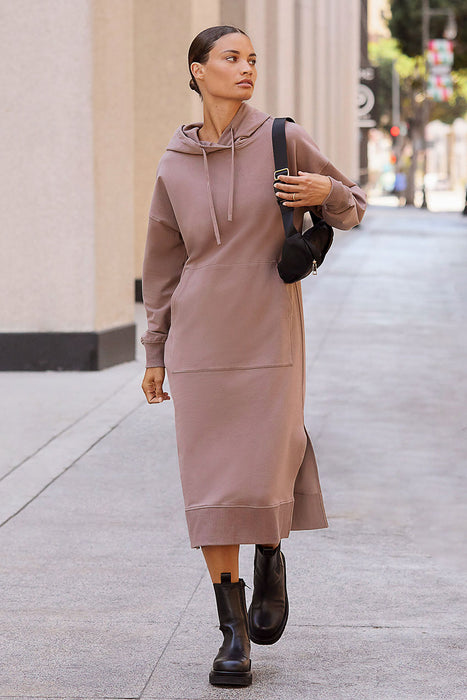 Hooded Sweatshirt Dress, Winter Maxi Dress With Cowl Hood, Long